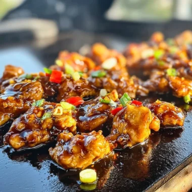 Blackstone Bourbon Chicken sizzling on a grill, showcasing its rich flavors and glaze.