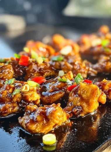 Blackstone Bourbon Chicken sizzling on a grill, showcasing its rich flavors and glaze.