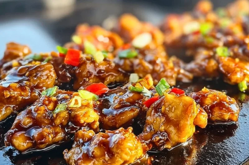 Blackstone Bourbon Chicken sizzling on a grill, showcasing its rich flavors and glaze.
