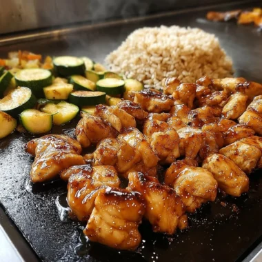 Plate of Blackstone Hibachi Chicken with vegetables and sauces