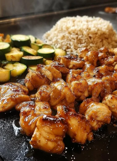 Plate of Blackstone Hibachi Chicken with vegetables and sauces