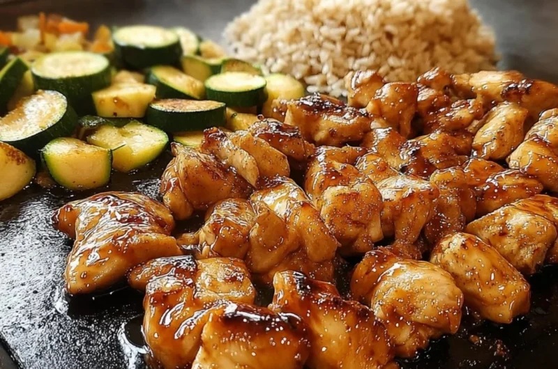 Plate of Blackstone Hibachi Chicken with vegetables and sauces