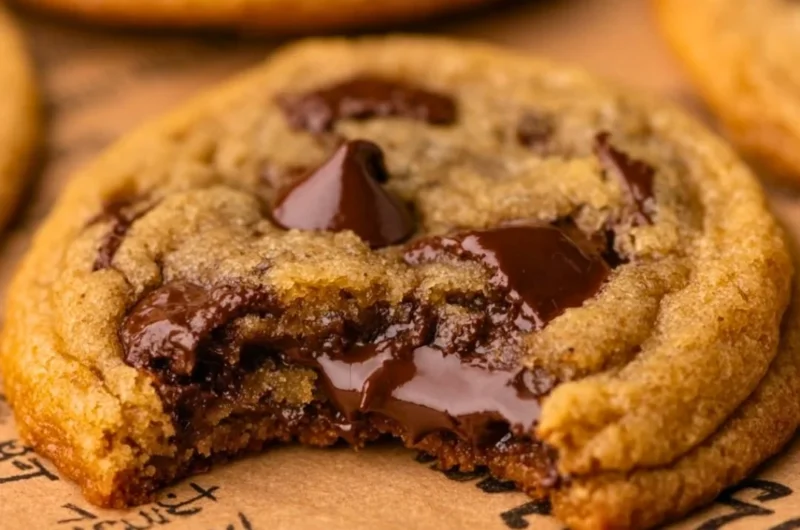 Decadent brown butter sourdough discard chocolate chip cookies on a cooling rack.