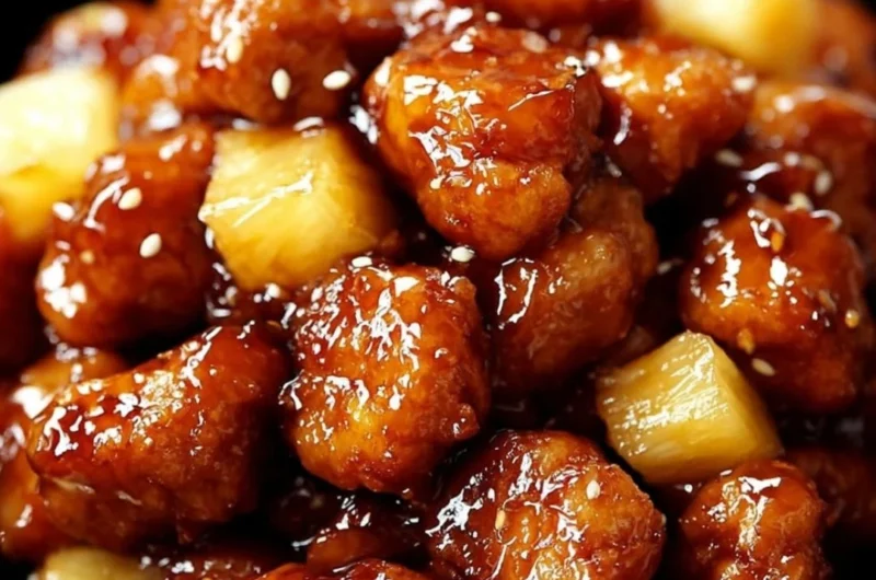 Delicious Brown Sugar Pineapple Chicken served on a plate with vibrant garnishes.