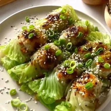 A plate of homemade cabbage dumplings, garnished and ready to serve.