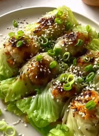 A plate of homemade cabbage dumplings, garnished and ready to serve.