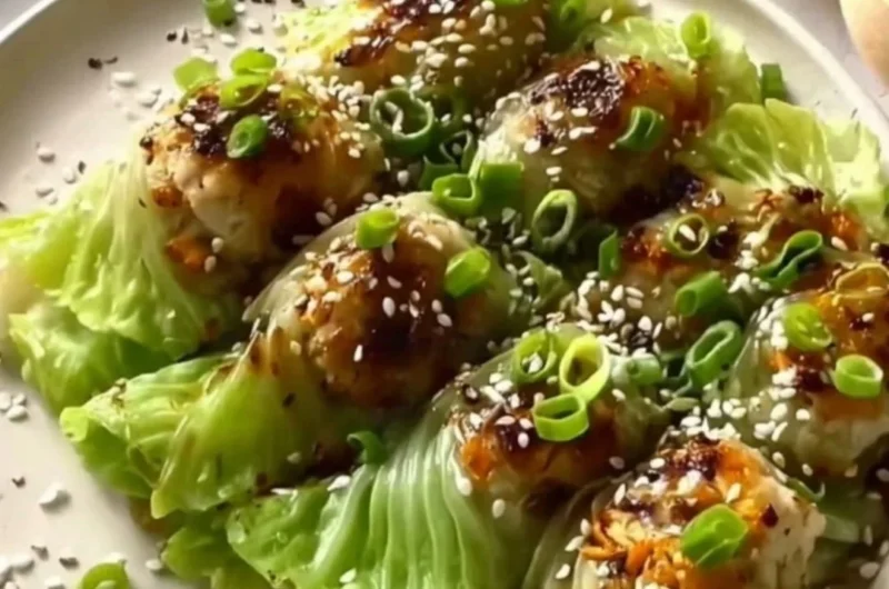 A plate of homemade cabbage dumplings, garnished and ready to serve.