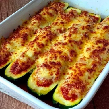 Cheesy Keto Chicken Parmesan Zucchini Boats topped with fresh herbs and cheese