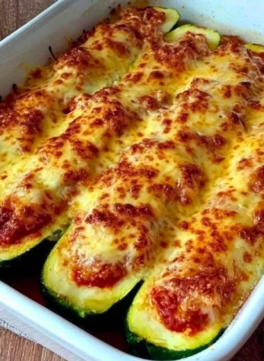 Cheesy Keto Chicken Parmesan Zucchini Boats topped with fresh herbs and cheese