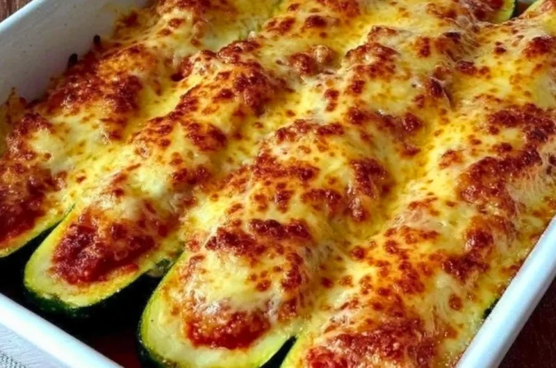Cheesy Keto Chicken Parmesan Zucchini Boats topped with fresh herbs and cheese