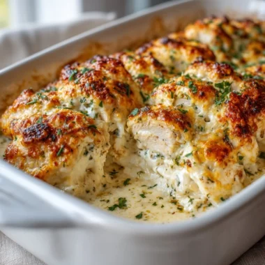 A delicious Cottage Cheese Chicken Bake dish topped with herbs and spices.