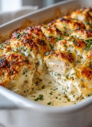 A delicious Cottage Cheese Chicken Bake dish topped with herbs and spices.