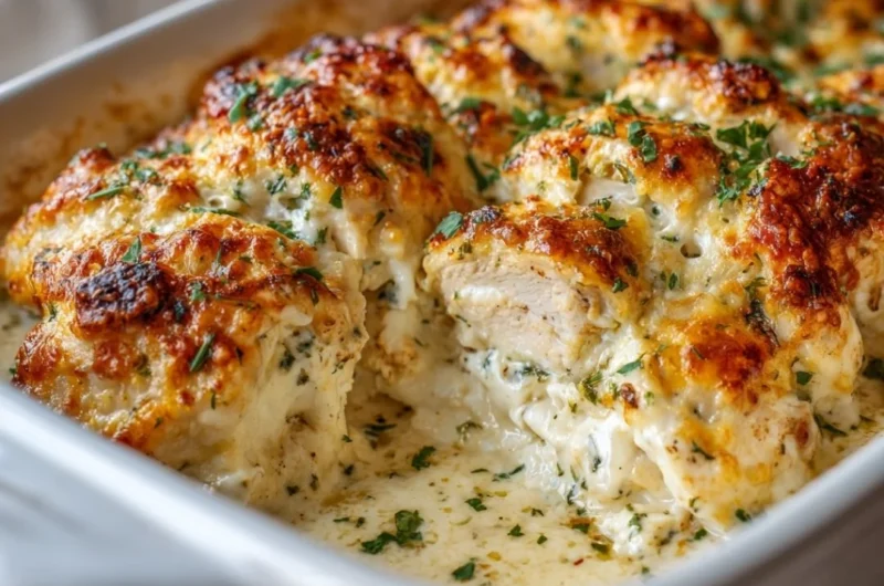 A delicious Cottage Cheese Chicken Bake dish topped with herbs and spices.