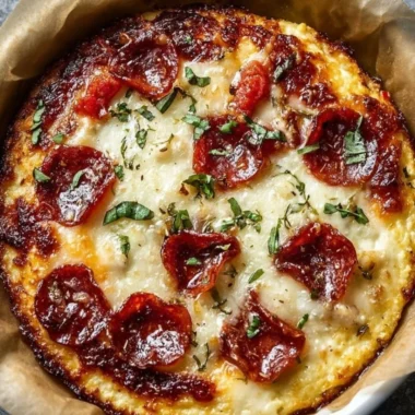 Bowl of cottage cheese pizza topped with fresh ingredients.