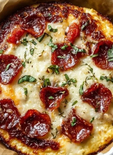 Bowl of cottage cheese pizza topped with fresh ingredients.