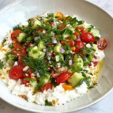 Delicious and healthy cottage cheese salad with fresh vegetables and herbs.