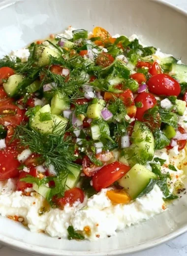 Delicious and healthy cottage cheese salad with fresh vegetables and herbs.