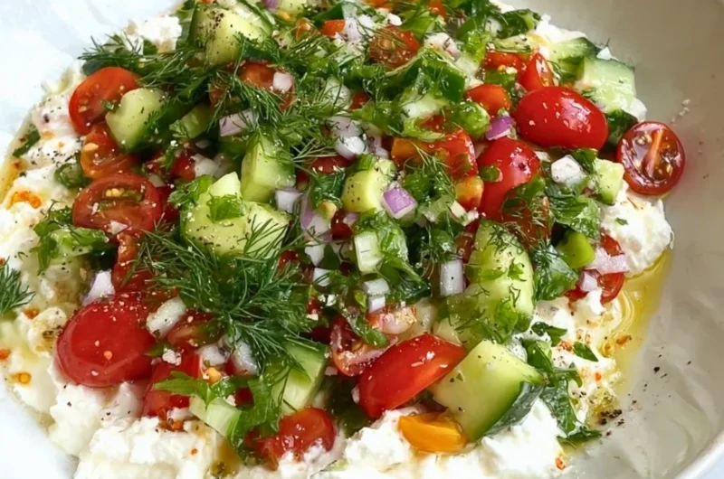 Delicious and healthy cottage cheese salad with fresh vegetables and herbs.