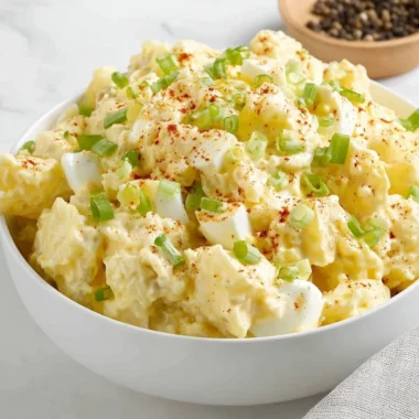 Creamy potato salad in a bowl garnished with herbs