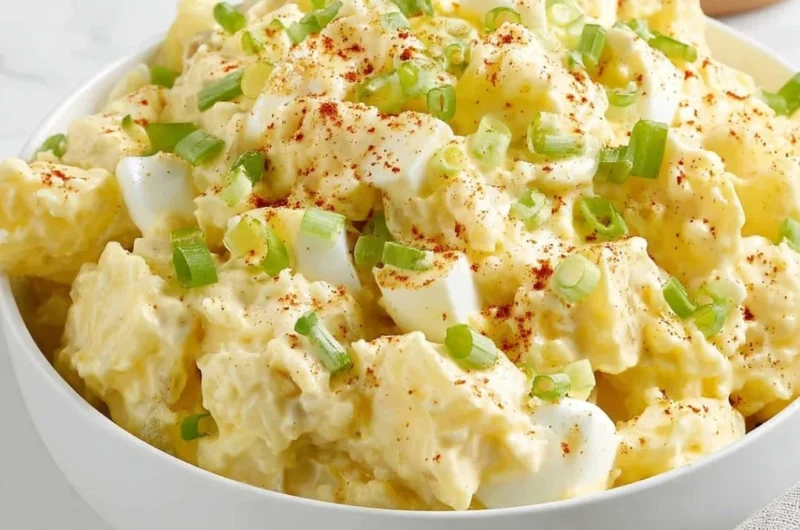 Creamy potato salad in a bowl garnished with herbs