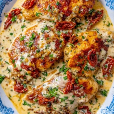 Crock Pot Marry Me Chicken served on a plate with herbs and cheese.