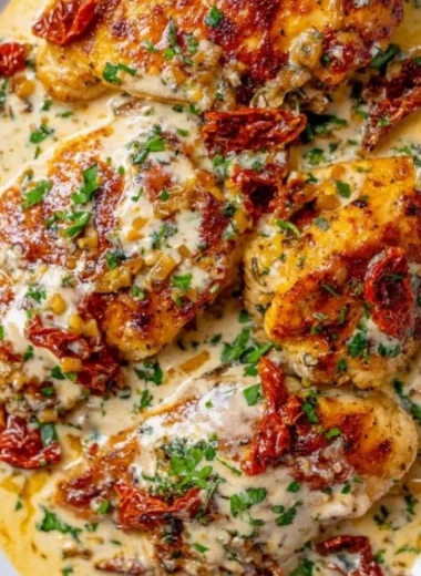 Crock Pot Marry Me Chicken served on a plate with herbs and cheese.