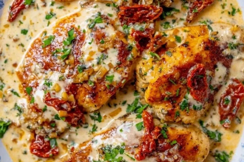Crock Pot Marry Me Chicken served on a plate with herbs and cheese.