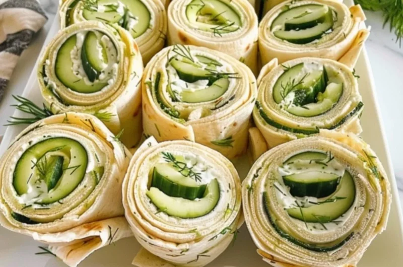 Delicious Cucumber Dill Pinwheels served on a platter as a fresh appetizer.