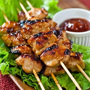 Delicious Dakkochi, Korean skewered chicken served with savory sauces and spices.