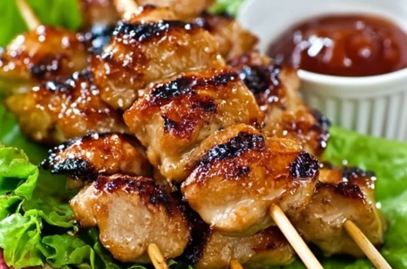 Delicious Dakkochi, Korean skewered chicken served with savory sauces and spices.