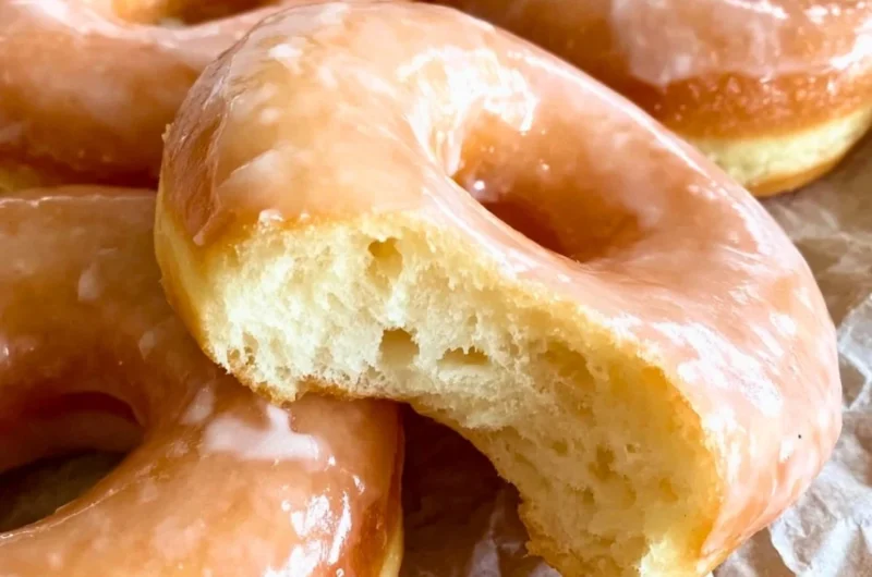 Freshly glazed sourdough donuts on a wooden table