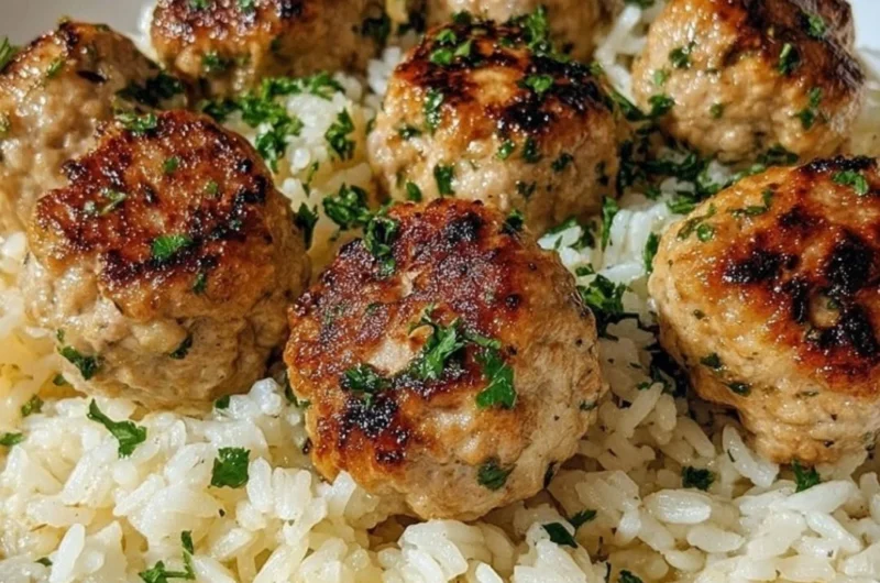 Greek Turkey Meatballs served with Lemon Herb Rice in a bowl