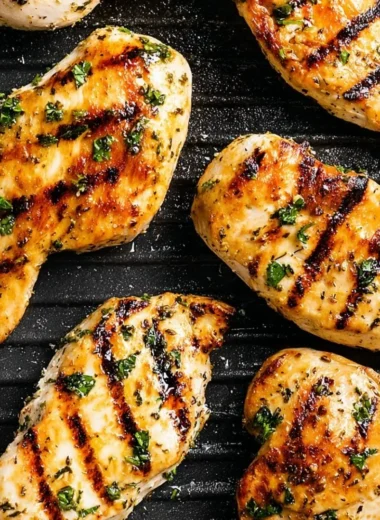 Juicy grilled chicken breast on a plate with herbs