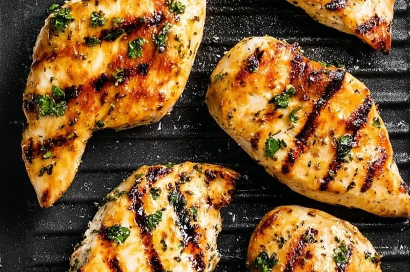 Juicy grilled chicken breast on a plate with herbs