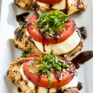 Plate of grilled chicken caprese with fresh tomatoes and mozzarella