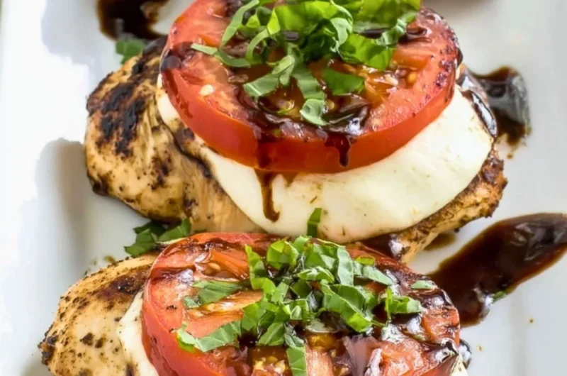 Plate of grilled chicken caprese with fresh tomatoes and mozzarella