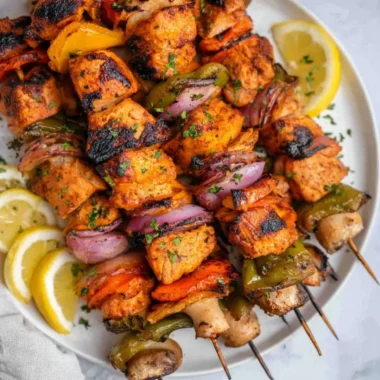 Grilled chicken kabobs with assorted vegetables on skewers