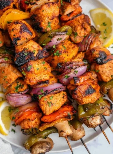 Grilled chicken kabobs with assorted vegetables on skewers
