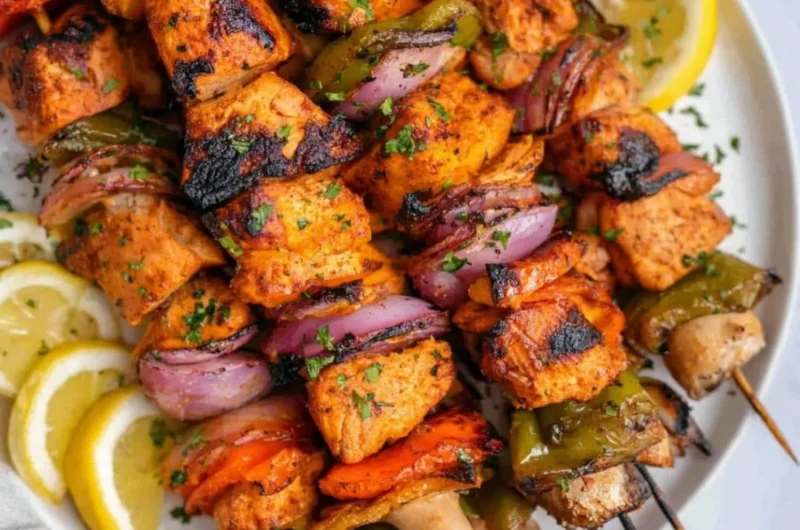 Grilled chicken kabobs with assorted vegetables on skewers