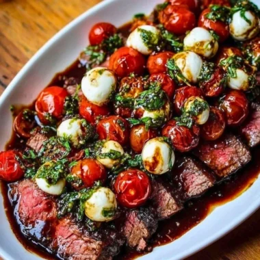 Grilled Flank Steak Caprese with fresh basil and balsamic glaze on a plate