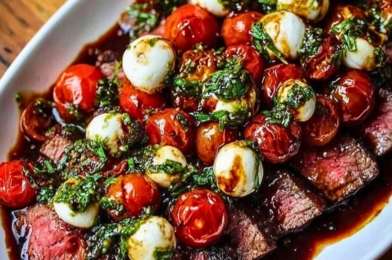 Grilled Flank Steak Caprese with fresh basil and balsamic glaze on a plate