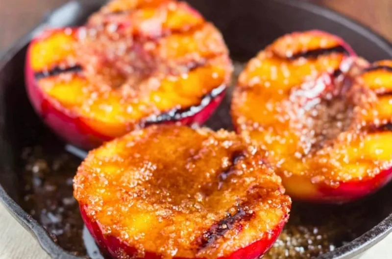 Grilled peaches sprinkled with cinnamon and brown sugar on a plate