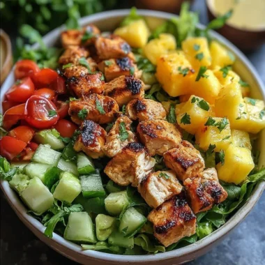 Hawaiian Chicken Salad with chicken, pineapple, and greens served in a bowl
