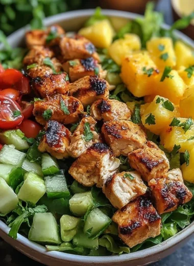 Hawaiian Chicken Salad with chicken, pineapple, and greens served in a bowl
