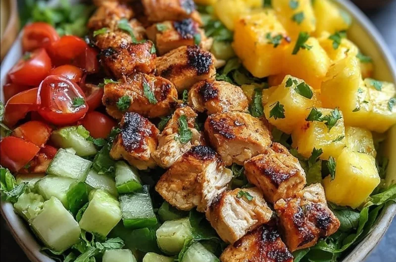 Hawaiian Chicken Salad with chicken, pineapple, and greens served in a bowl