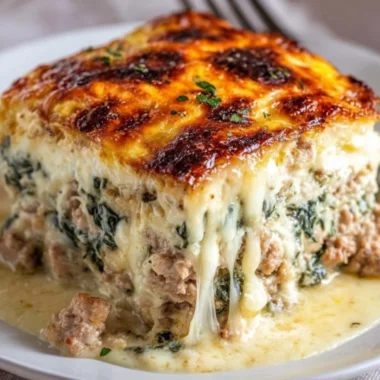 Cheesy ground turkey casserole with vegetables, perfect for a healthy family meal