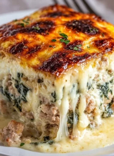 Cheesy ground turkey casserole with vegetables, perfect for a healthy family meal