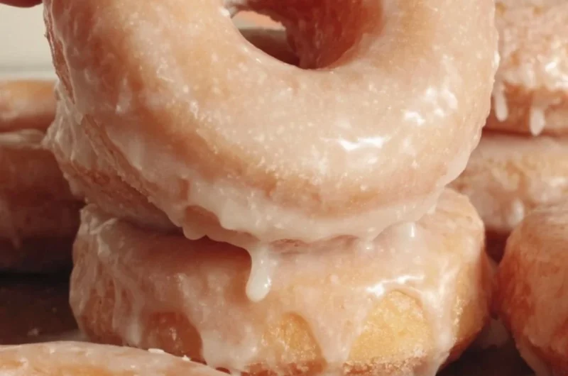 Homemade glazed donuts freshly made with a shiny, sweet glaze on top.