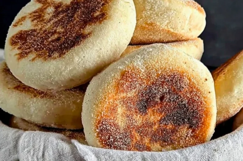 Freshly baked homemade sourdough English muffins on a wooden table.