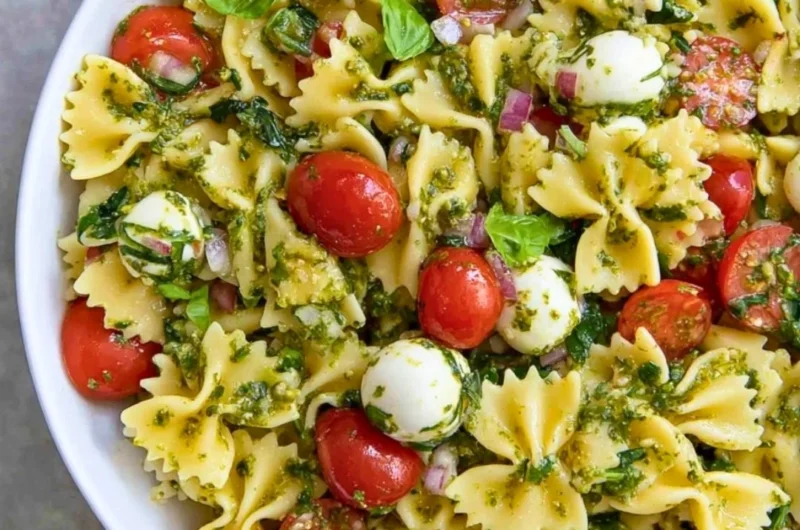 Colorful Italian Bow Tie Pasta Salad with vegetables and dressing